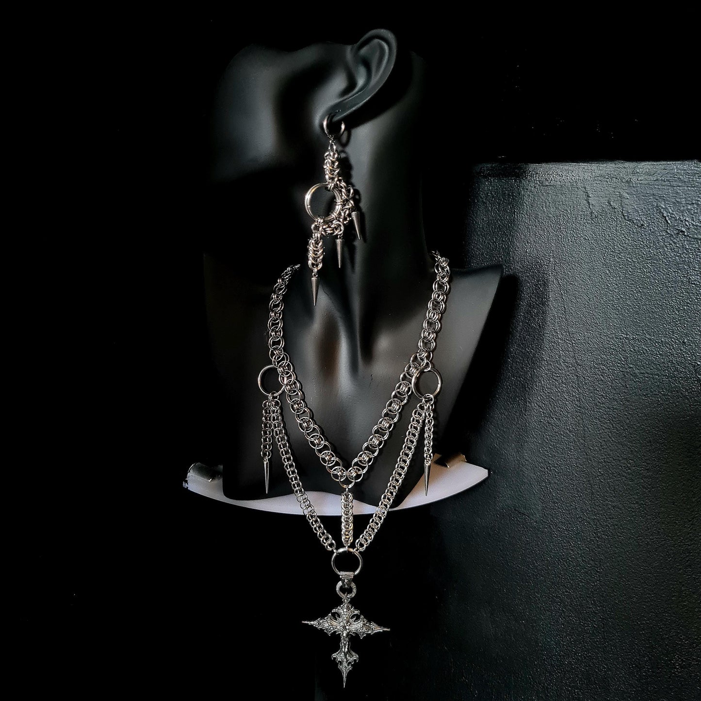 Gothic Chainmail Necklace: Spiked Cross Pendant, Stainless Steel