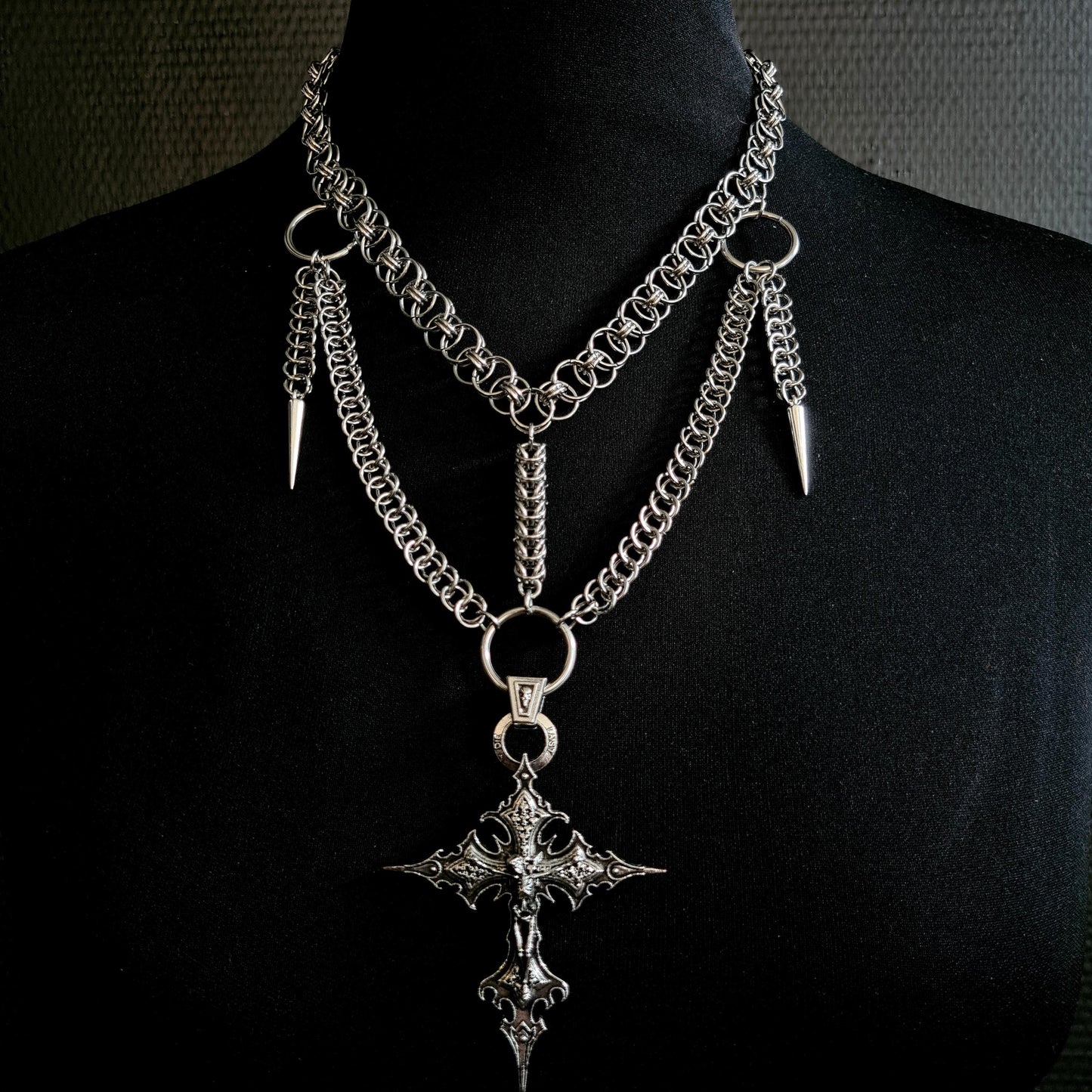 Gothic Chainmail Necklace: Spiked Cross Pendant, Stainless Steel