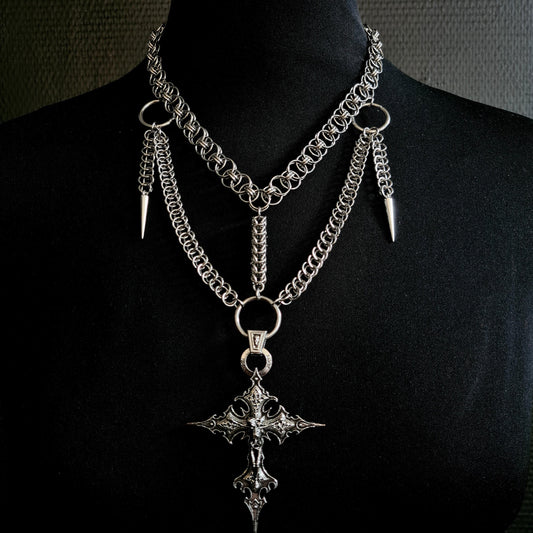 Gothic Chainmail Necklace: Spiked Cross Pendant, Stainless Steel