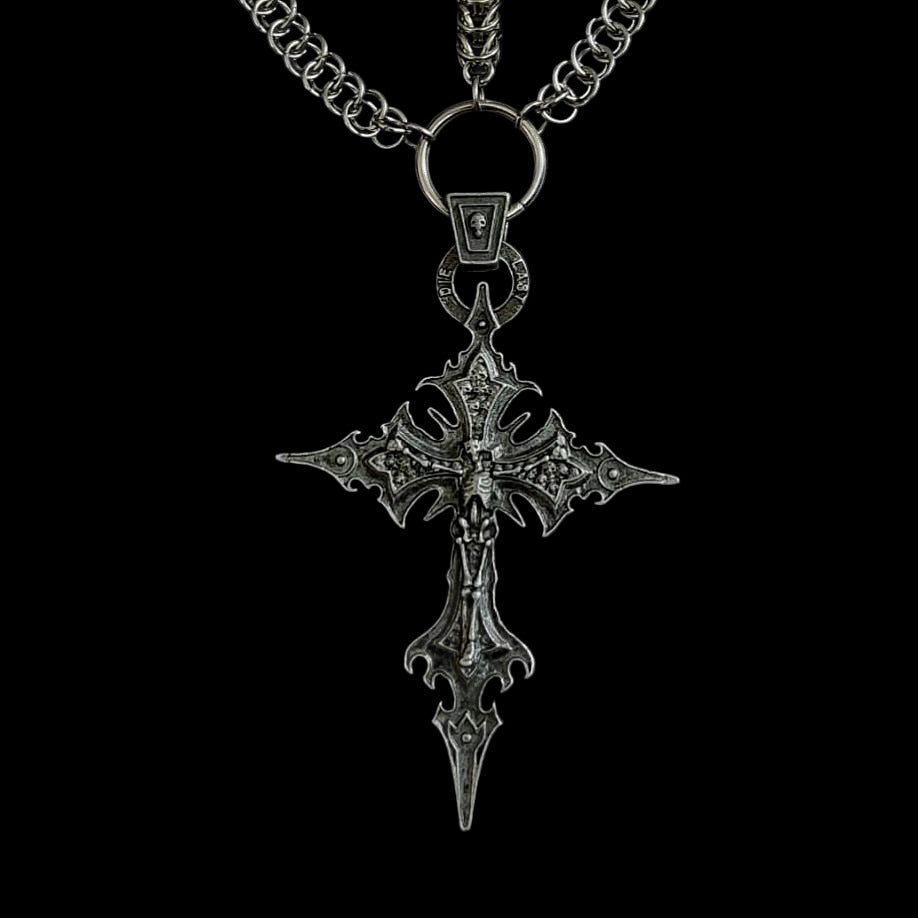 Gothic Chainmail Necklace: Spiked Cross Pendant, Stainless Steel