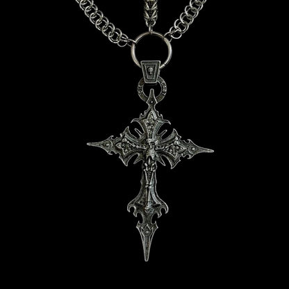Gothic Chainmail Necklace: Spiked Cross Pendant, Stainless Steel