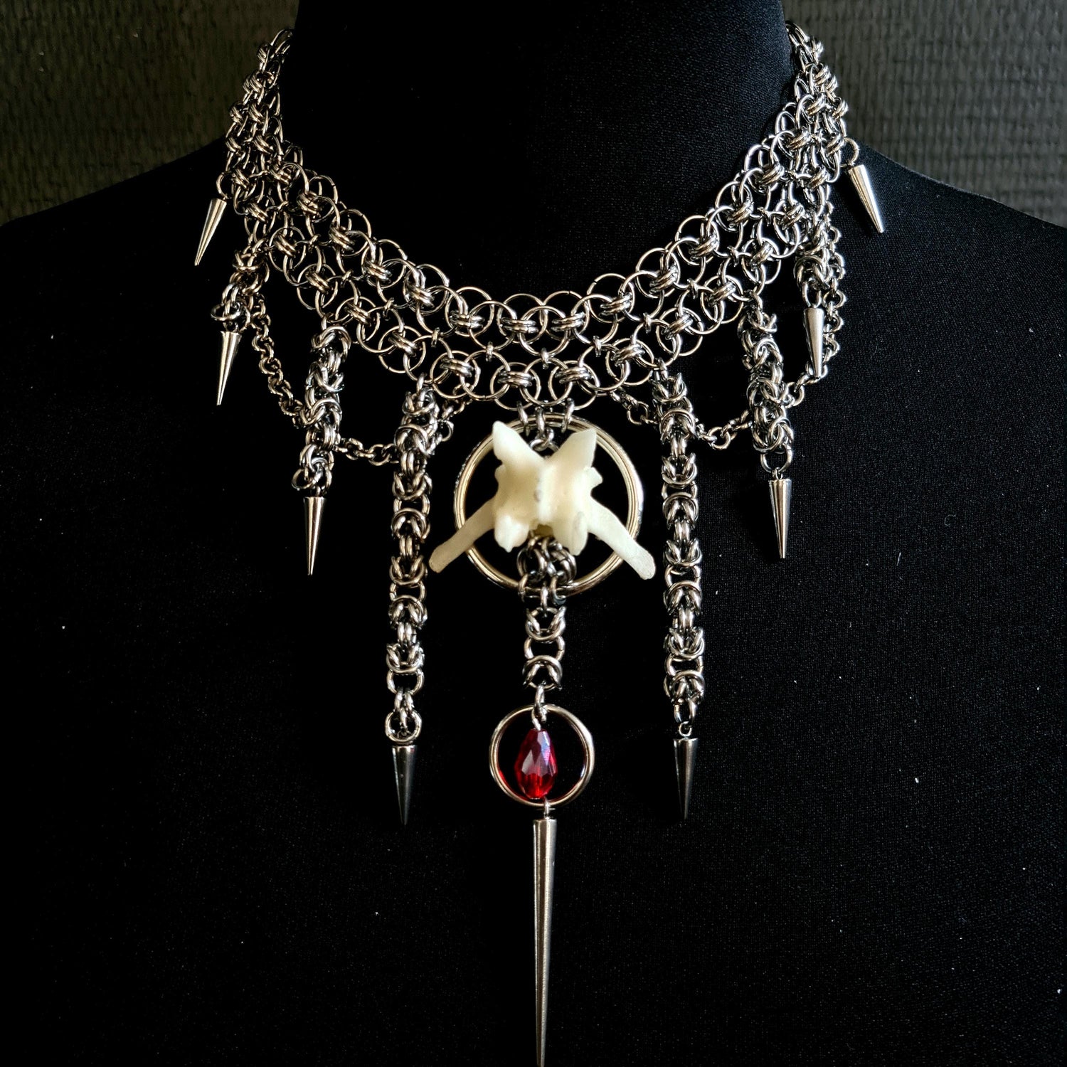 Soulbound Chains handmade gothic, alternative multilayered chainmail necklace with spikes and ethically sourced fox spine bone.